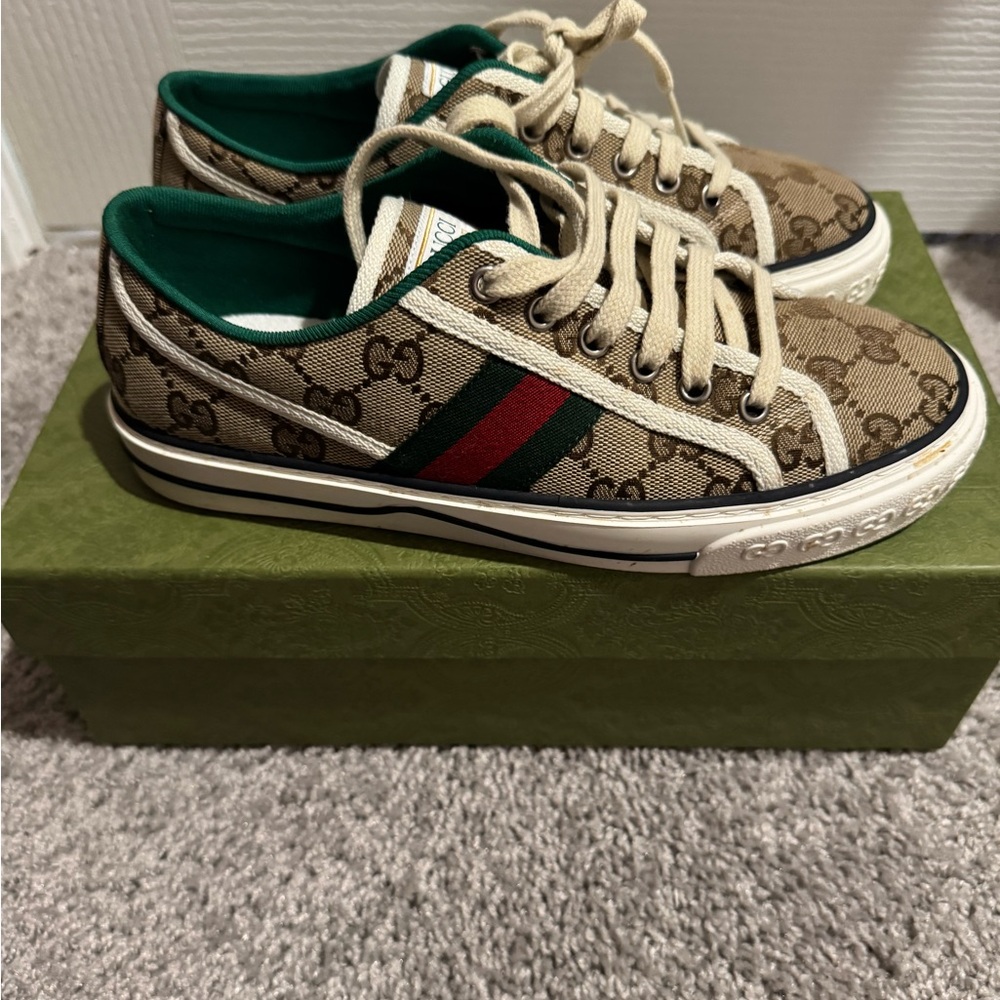 Gucci Monogram Sneakers with Red and Green Stripe